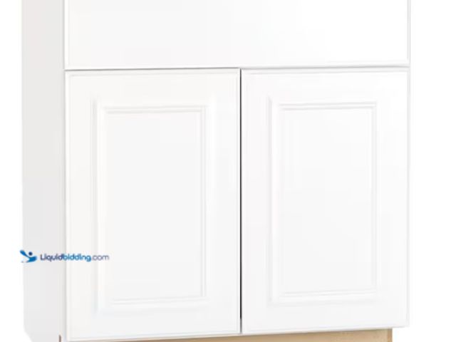 Lot 49-1575576 - Hampton Bay Hampton 30 in. W x 24 in. D x 36 in. H Assembled Base Cabinet in Satin White, Model # KB...