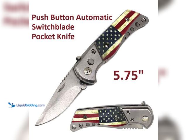 Lot 49-1616312 - Mini Push Button Automatic Switchblade Pocket Knife with 5.75" American Flag - NEW - All of the reli...
