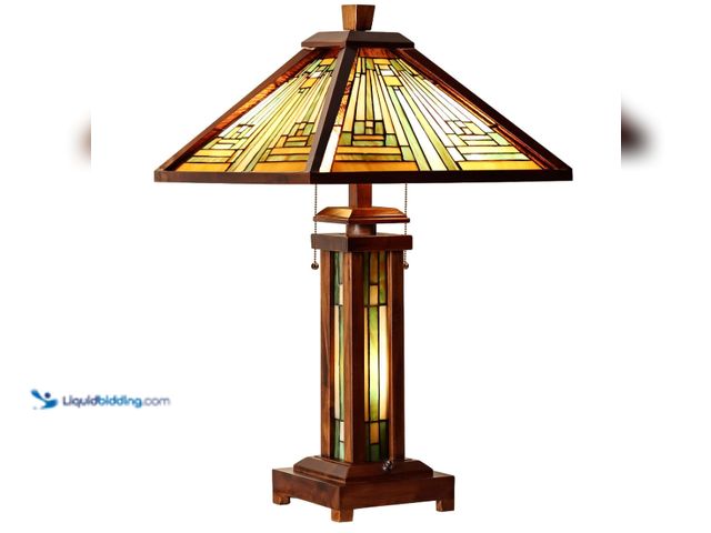 Lot 49-5545420 - Capulina Tiffany Lamp Antique Amber Brown Stained Glass Table Lamp 3-Light, Unused