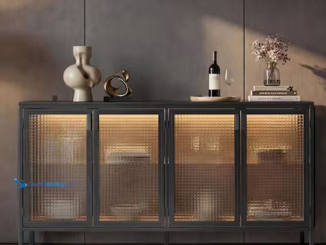Lot 49-1631854 - Black Engineered Wood Buffet with Textured Glass Doors, Built-In Shelves, LED Lighting and Sturdy Me...