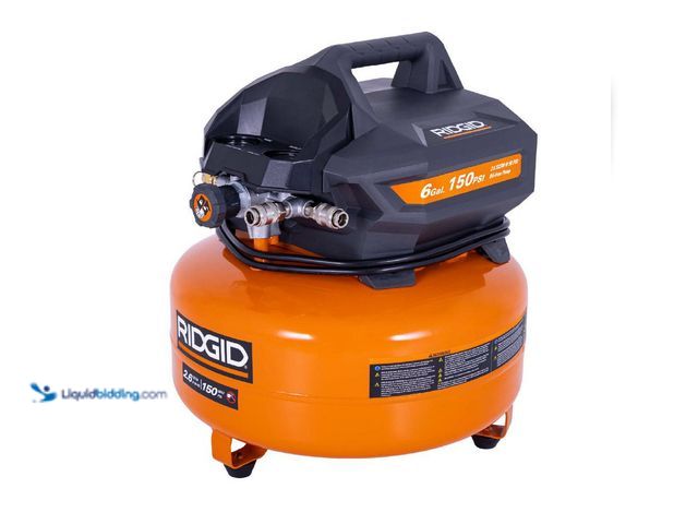 Lot 49-5447662 - RIDGID 6 Gal. 150 PSI Portable Electric Oil-Free Jobsite Pancake Air Compressor with Dual Pressure G...
