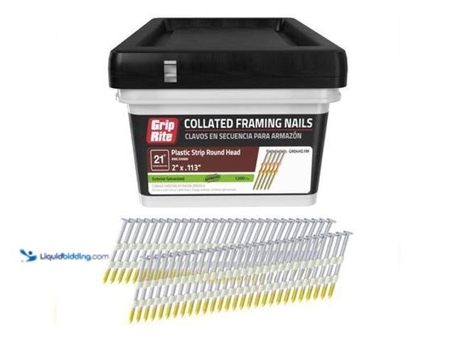 Lot 49-3565656 - Grip-Rite 2 in. x 0.113 in. 21° Plastic Collated Exterior Galvanized Ring Shank Round Head Framing N...