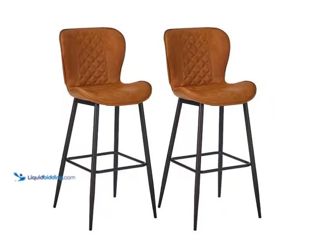 Lot 49-1575568 - VECELO 29.5-In. Faux Leather Bar Stools Set of 2, Brown Bar Height Chairs with Backrest and Black Le...