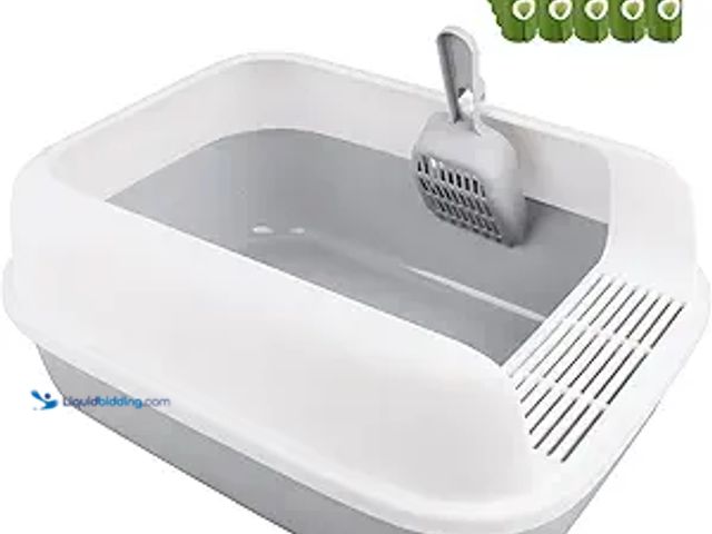 Lot 49-1568610 - Ykimok Extra Large Litter Box with High Sides, White and Grey Plastic Cat Litter Box with Litter Sco...