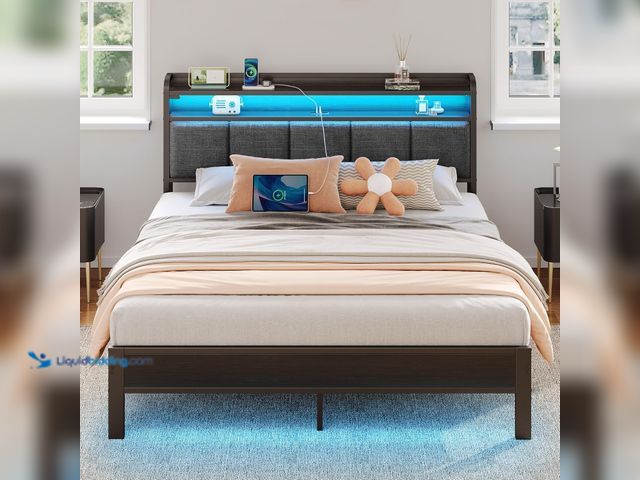 Lot 49-3527429 - Rolanstar Queen Bed Frame with LED Lights, Upholstered Headboard, Charging Station, Storage Shelves,...