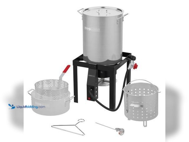Lot 49-5541486 - Even Embers 30 QT. Boil/Fry/Steam Kit with Basket and Stand. Model # GAS6230AS. Unused.