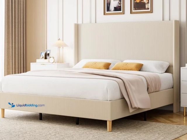 Lot 49-3639391 - Garvee King Size Velvet Upholstered Platform Bed Frame with Vertical Channel Tufted Wingback Headboa...