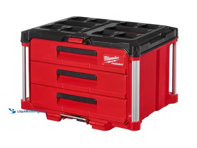 Lot 49-1570193 - Milwaukee PACKOUT 22 in. Modular 3-Drawer Tool Box with Metal Reinforced Corners, Model # 48-22-8443...