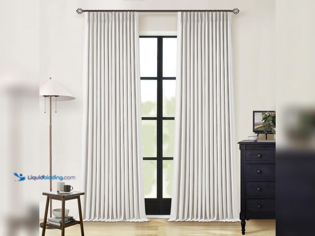 Lot 49-3529136 - Beige White Pinch Pleated Full Blackout Curtains 2 Panels Set Linen Room Darkening 100% Black Out Wi...