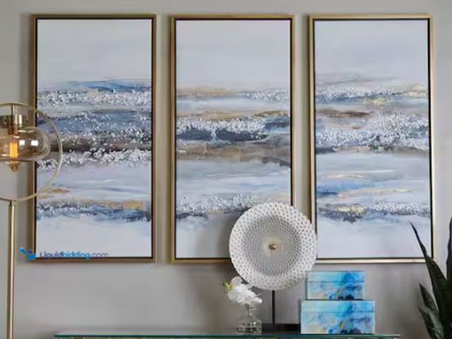 Lot 49-1569021 - Litton Lane 3- Panel Landscape Framed Wall Art with Gold Frame 39 in. x 20 in., Model # 042716, Unus...