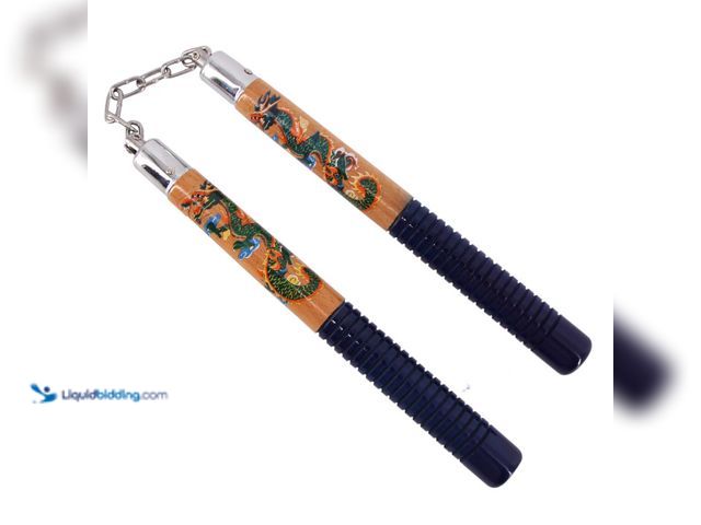 Lot 49-3481300 - Hardwood Nunchaku 12" Chinese Dragon with Ribbed Black Handles - NEW - There's a lot going on with t...