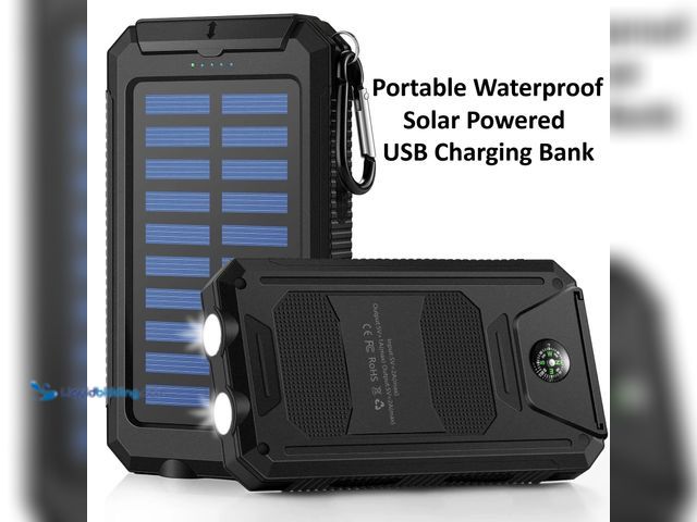Lot 49-1817322 - Portable Waterproof Solar Powered Charging Bank with Dual Output, Compass and Dual LED Flashlight Bl...