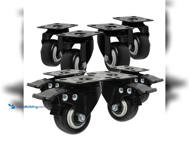 Lot 49-5543967 - QTY 2- POWERTEC 2 in. Black Swivel Plate Caster Wheels, 4-with Brakes and 4-without, Polyurethane Pl...