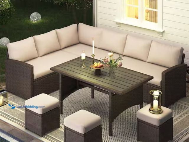 Lot 49-1632135 - 7-Piece Patio Wicker Furniture Dining Set with Beige Cushions, MSRP $659.94, Model # ZTPO12-1360, Ne...