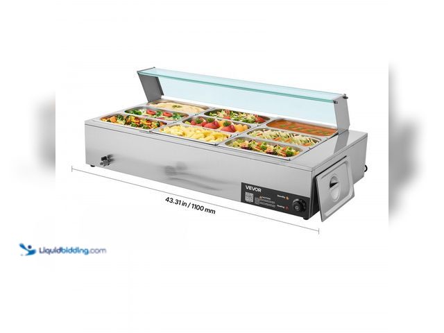 Lot 49-3614454 - VEVOR 1500W Commercial Electric Stainless Steel Steam Food Warmer with Glass Cover ( (NOTE: Missing ...