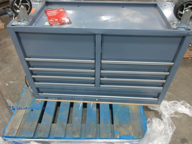 Lot 49-2026271 - Husky Standard-Duty 46 in. W 9-Drawer Gloss Cadet Gray Mobile Workbench Cabinet with Solid Wood Top,...