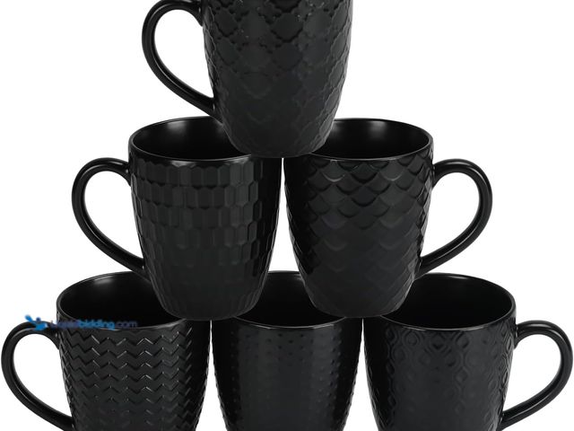 Lot 49-5409822 - Schliersee 16 OZ Black Coffee Mugs Set of 6, Geometric Pattern Porcelain Coffee Cups for Latte, Hot ...