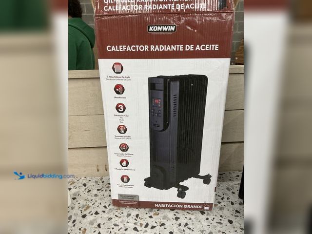 Lot 49-5476657 - Konwin 1500-Watt Black Electric Oil-Filled Radiator Space Heater w/ Remote. Model #810147860579. Unu...