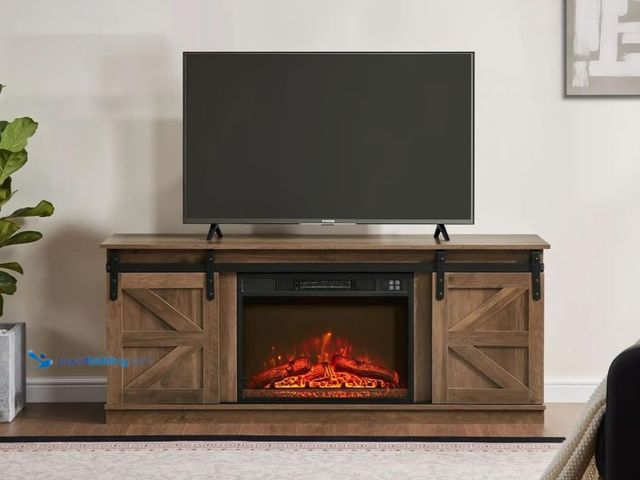 Lot 49-1553965 - Fireplace TV Stand for Television up to 65 Inch with Storage and Farmhouse Sliding Barn Doors, Enter...
