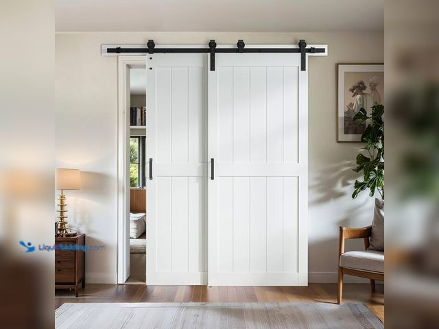 Lot 49-1520502 - SOCBAZZAR 87 in. x 96 in. (Double 48 in.) Bypass 2-Panel Plank White Finished MDF Interior Sliding B...