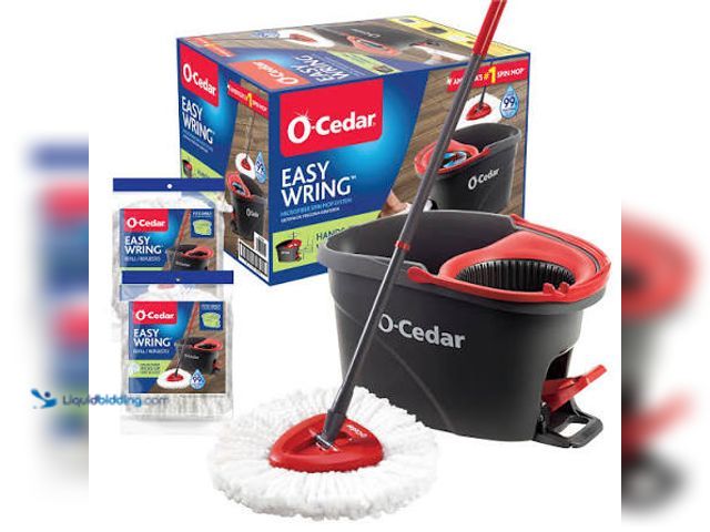 Lot 49-5541965 - O-Cedar EasyWring Microfiber Spin Mop & Bucket Floor Cleaning System + 2 Extra Refills, Red/Gray. Mo...