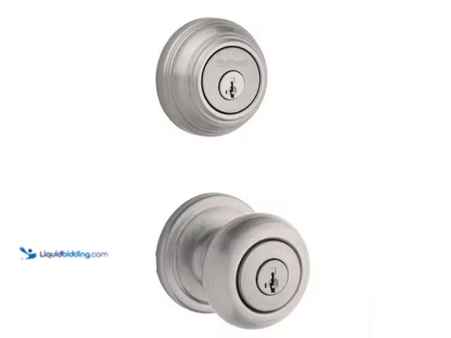 Lot 49-1569201 - Kwikset Juno Satin Nickel Exterior Entry Door Knob and Double Cylinder Deadbolt Combo Pack Featuring...