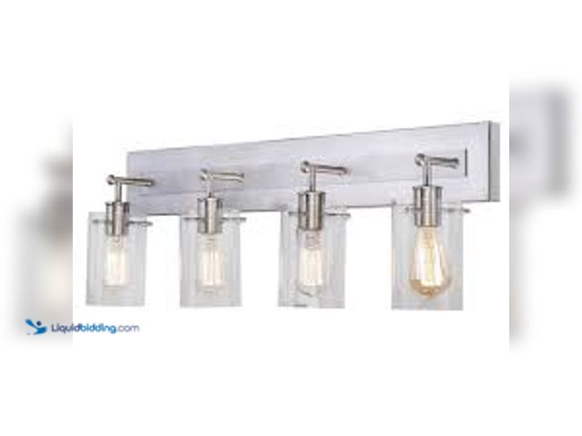 Lot 49-5411841 - Hampton Bay Regan 29.13 in. 4-Light Brushed Nickel Vanity Light with Clear Glass Shades. Model # DS1...