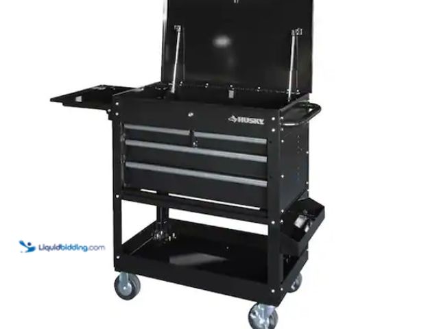 Lot 49-1567326 - Husky Tool Storage 33 in. W Mechanics Cart with Extended Side Table and Bottle Tray, Model # XHOUC33...