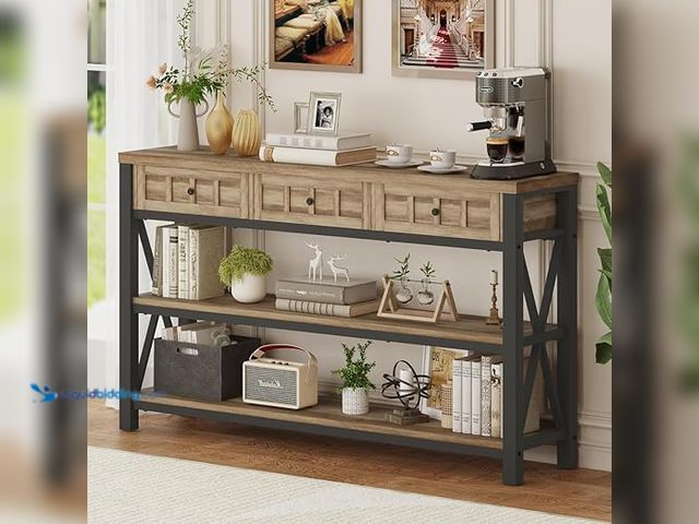 Lot 49-5407673 - FATORRI Industrial Console Table for Entryway, Rustic Sofa Table with 3 Drawers for Living Room, Far...