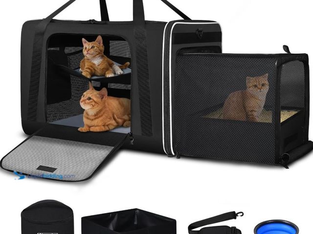 Lot 49-5556020 - Side Expandable Extra Large Cat Carrier with Litter Box, Black | 24"x17"x17", Lockable Safety Zipper...