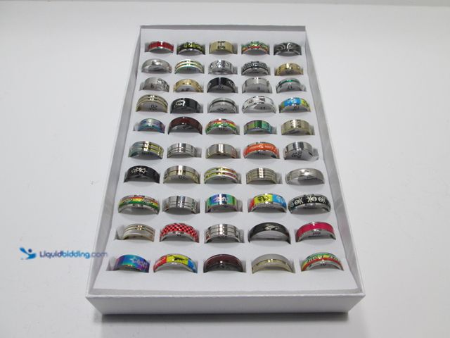 Lot 49-3471034 - Bulk Lot of 50 Stainless Steel Rings in Retail Display Box - NEW - Includes Men's and Women's Sizes/...