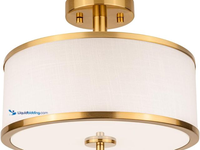 Lot 49-5477857 - Edwarmlux 3-Light Semi Flush Mount Ceiling Light Fixture, 12.6" Gold Drum Light with White Fabric Sh...