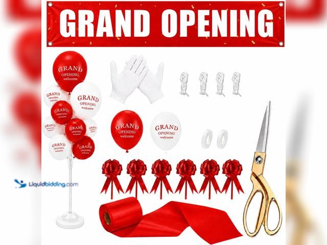 Lot 49-5554460 - Grand Opening Ribbon Cutting Ceremony Kit, 9.5 in Gold Scissors, 4 in x 65 ft Red Ribbon, Banner, 60...