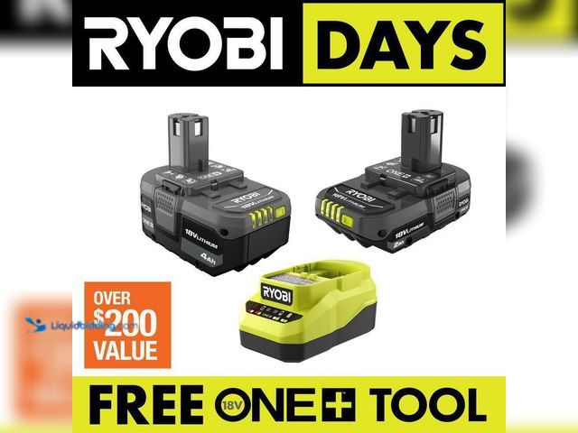 Lot 49-3512433 - RYOBI
ONE+ 18V Lithium-Ion Starter Kit with 2.0 Ah Battery, 4.0 Ah Battery, and Charger (Unused) (N...