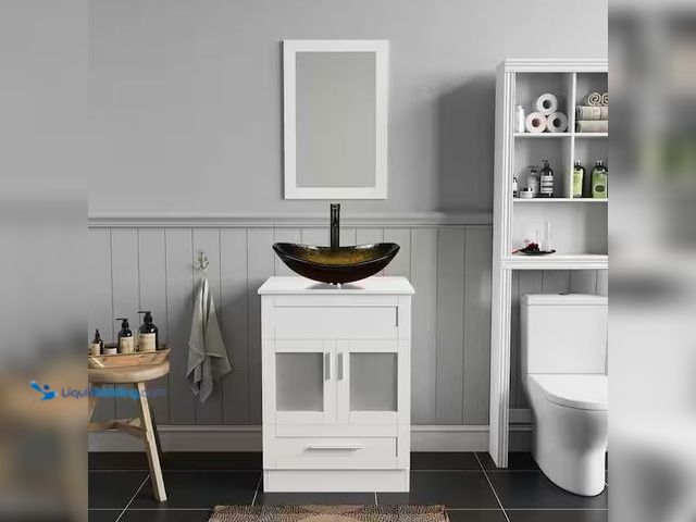 Lot 49-5478510 - Puluomis
24 in. W x 19 in. D x 33 in. H Single Sink White Bath Vanity with Black/Gold Solid Surface...