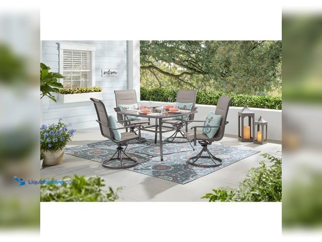 Lot 49-5407092 - Hampton Bay Ashbury Pewter 5-Piece Steel Padded Sling Square Glass Top Outdoor Dining Set. Model # G...