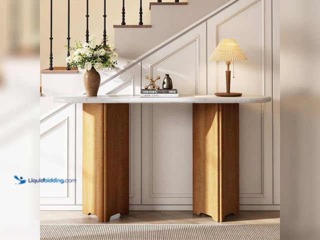 Lot 49-5437154 - Harper & Bright Designs 53.9 in. Natural Oval Faux Marble Console Table with Curved Legs. [Model # X...