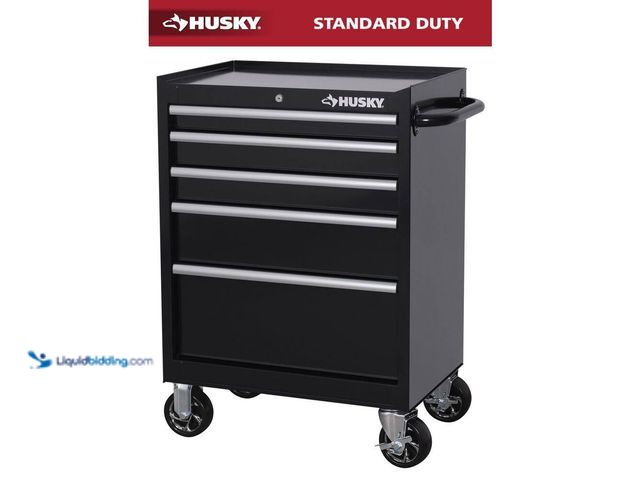 Lot 49-5449269 - Husky
Tool Storage 27 in. W x 18 in. D 5-Drawer Gloss Black Rolling Tool Cabinet (top drawer hard t...