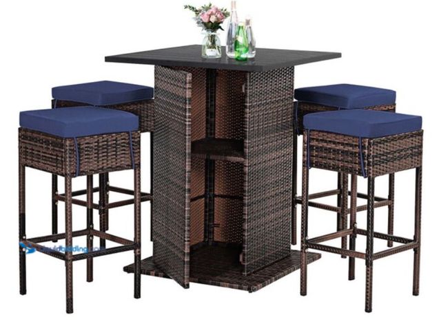 Lot 49-1602829 - Boyel Living Outdoor Rattan Conversation Bistro Set Patio Bar Furniture Set with 4 Cushions Stools a...