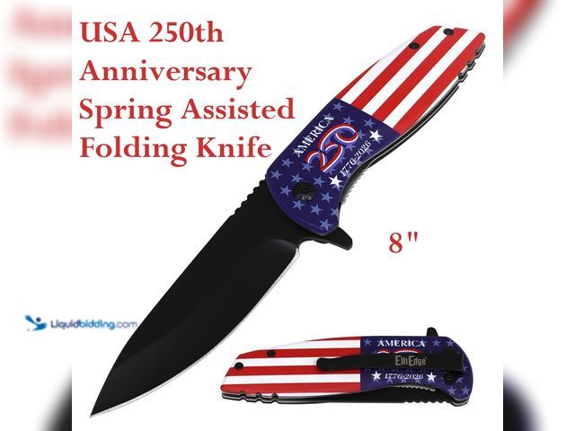 Lot 49-5492901 - ElitEdge USA 250th Anniversary Spring Assisted Folding Knife 8" American Flag - NEW - Compact and re...