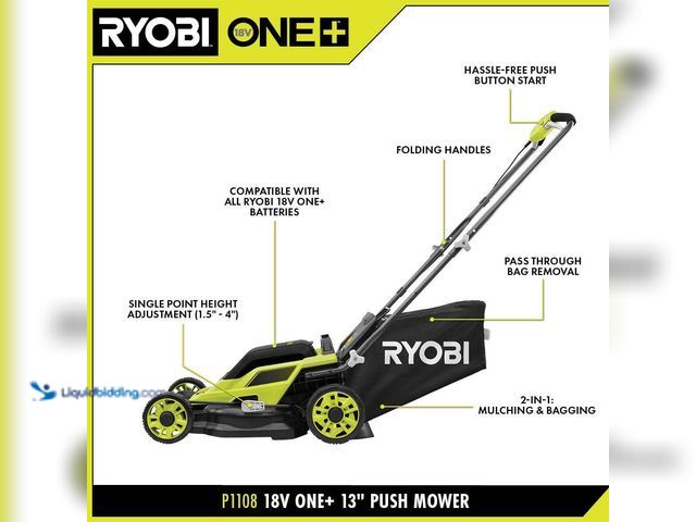 Lot 49-5552242 - RYOBI
ONE+ 18V 13 in. Cordless Battery Walk Behind Push Lawn Mower. Model # P1180. Unused with bag....