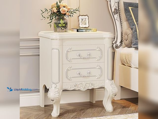 Lot 49-5415396 - Tribesigns White Nightstand, End Table with 2 Drawers, Carved Bedside Tables, Side Table for Bedroom...