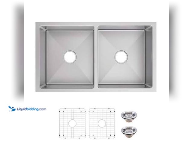Lot 49-1629073 - Glacier Bay Tight Radius 36 in. Undermount 50/50 Double Bowl 18 Gauge Stainless Steel Kitchen Sink w...