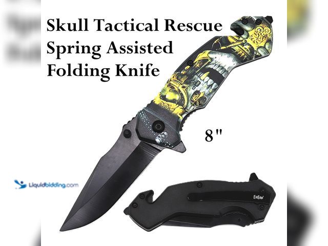 Lot 49-3435370 - ElitEdge Skull Tactical Rescue Spring Assisted Folding Knife 8" Black with Yellow - NEW - Tactical R...