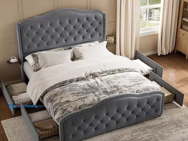 Lot 49-1630905 - Aok Garden King Upholstered Bed Frame with 4 Drawers Velvet Platform Bed with Wingback Headboard Gre...