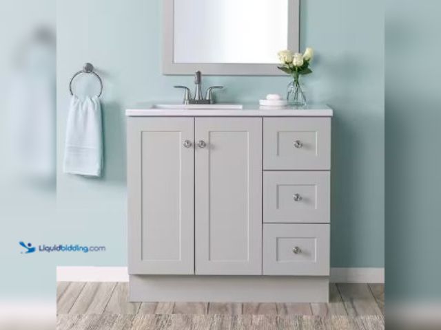 Lot 49-2025067 - Glacier Bay Bannister 37 in. Single Sink Pearl Gray Bath Vanity with Granite-Look Colorpoint White C...