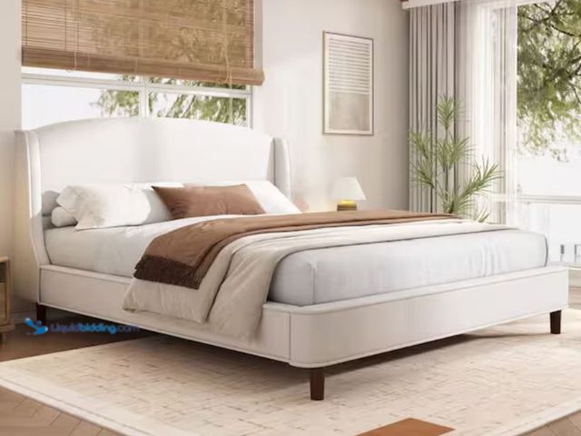 Lot 49-2005458 - CHRISTOPHER KNIGHT HOME Core Beige Upholstered Wood Frame King Size Platform Bed with Wingback Headb...