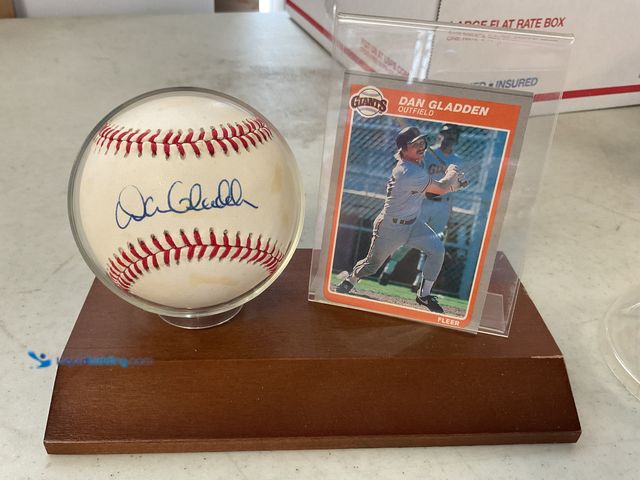 Lot 49-3503520 - Other VERY NICE WOOD BASE BALL AND CARD HOLDER WITH AUTOGRAPHED BALL OF LEGEND DAN GLADDEN AND BASEB...