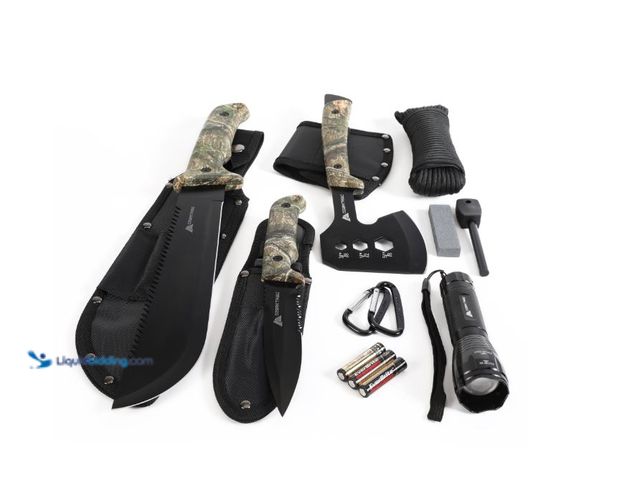 Lot 49-5551790 - Ozark Trail 12-Pack Camping Tool Set with 180-Lumen Flashlight, 10" Machete, 4.5" Hatchet, 5" Knife,...