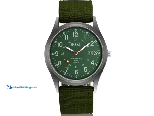 Lot 49-5393571 - SOKI Quartz Wrist Watch with Date Display and Nylon Strap - Green - Featuring quartz movement, lumin...